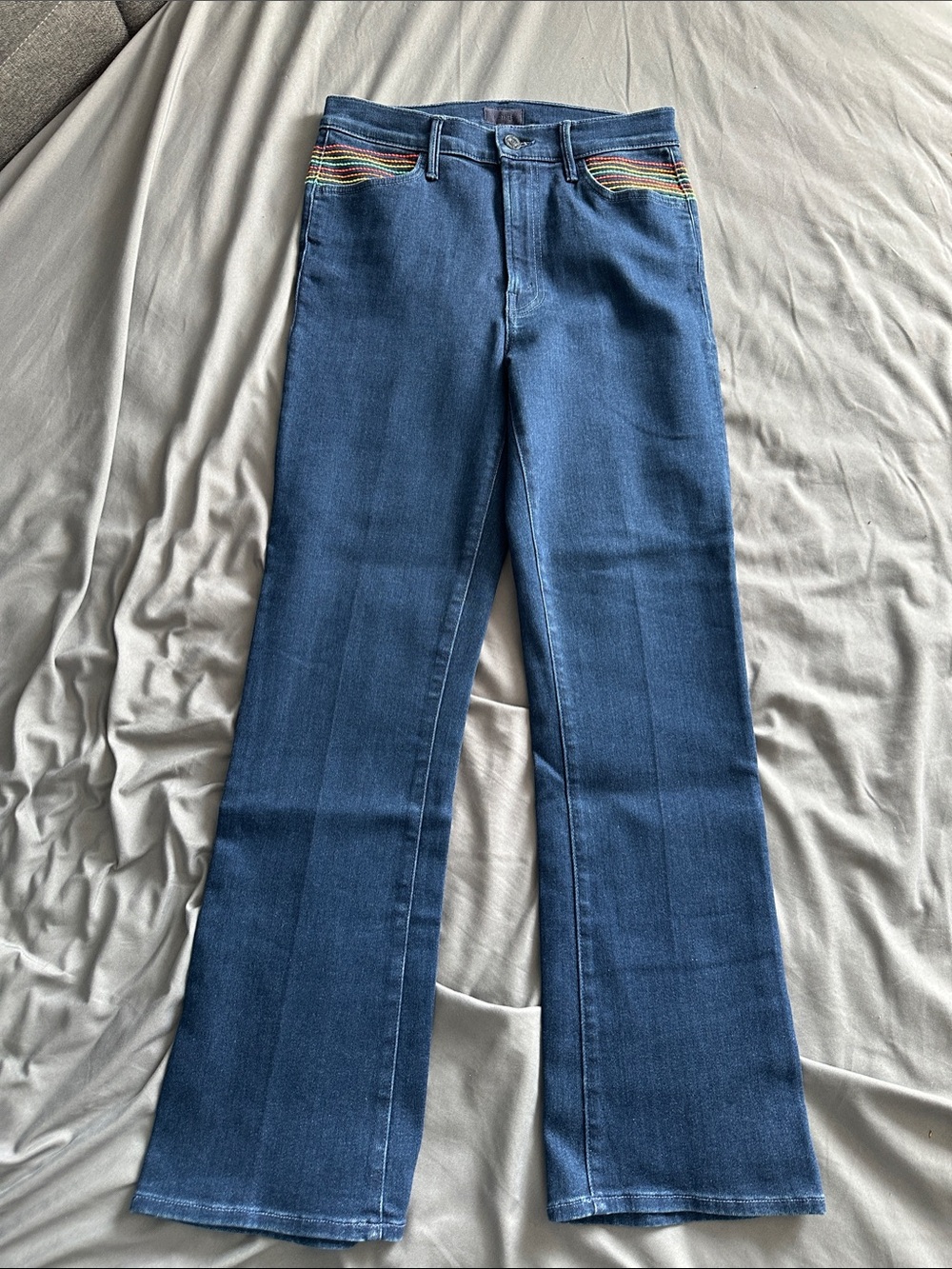 MOTHER Blue Boot Cut Jeans with Rainbow Pocket Stitching